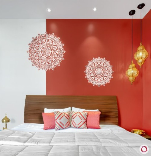 インドの壁紙 寝室 壁 ピンク ルーム インテリア デザイン 家具 オレンジ 壁紙 ベッド Wallpaperkiss