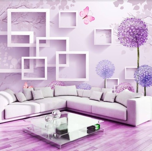 壁紙dinding 紫の バイオレット リビングルーム ライラック ルーム インテリア デザイン 家具 ソファー 壁 ラベンダー Wallpaperkiss