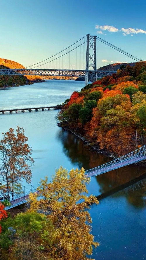 風景iphoneの壁紙 自然 自然の風景 ブリッジ 吊り橋 川 空 水資源 秋 反射 木 Wallpaperkiss