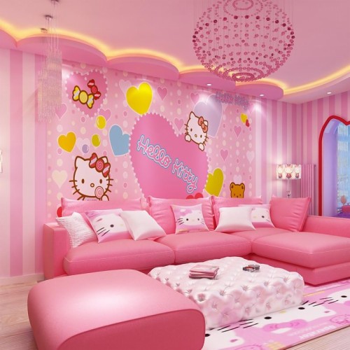 ピンクの縞模様の壁紙 ピンク デコレーション 家具 壁 ルーム インテリア デザイン 壁紙 リビングルーム 天井 点灯 Wallpaperkiss