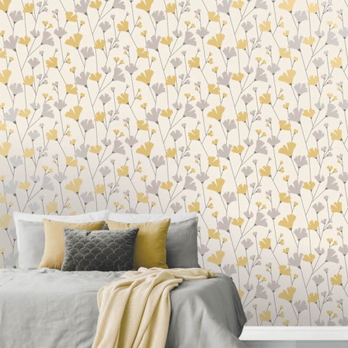 grey and mustard wallpaper,yellow,wallpaper,textile,tree,plant,bed