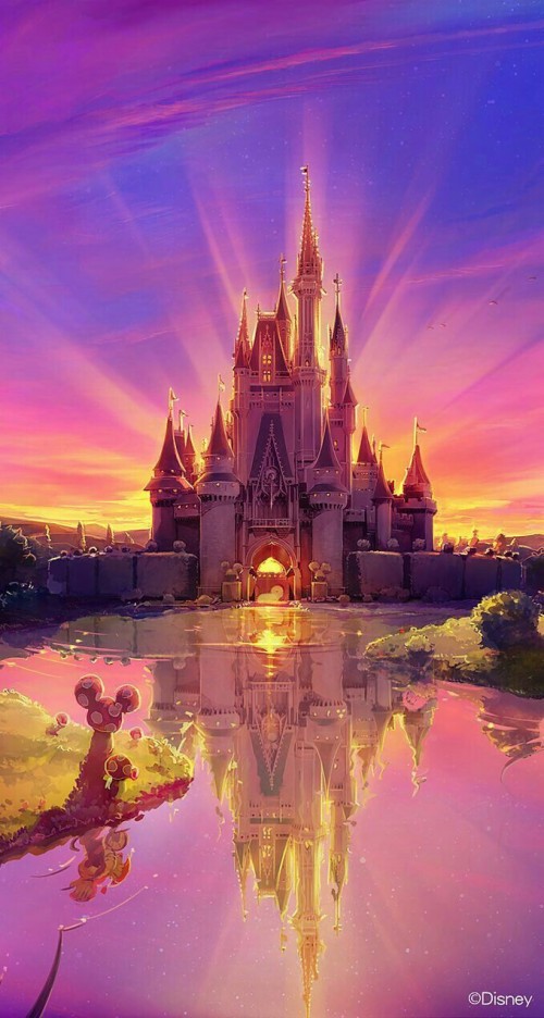 ディズニーの城の壁紙 空 反射 紫の ピンク 尖塔 建築 世界 水の城 建物 Wallpaperkiss
