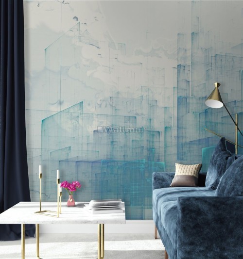 ブルー抽象的な壁紙 青い ルーム インテリア デザイン 壁 リビングルーム 家具 ターコイズ 壁紙 テーブル 床 Wallpaperkiss