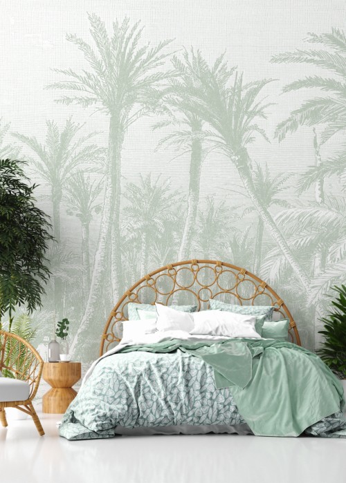 セージグリーンの壁紙 家具 ベッド 寝室 ルーム ベッドのフレーム 壁 木 インテリア デザイン ベッドシーツ Wallpaperkiss