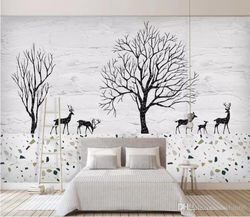 シンプルな白い壁紙 壁 ウォールステッカー 木 壁紙 ルーム インテリア デザイン 小枝 黒と白 鹿 Wallpaperkiss