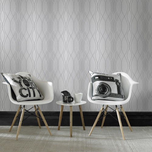 デザイナーメタリック壁紙 白い 家具 椅子 壁 黒と白 テーブル 静物写真 ルーム 設計 壁紙 Wallpaperkiss