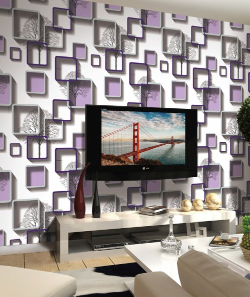 紫色の壁紙デザイン リビングルーム 紫の 壁 バイオレット インテリア デザイン ルーム 壁紙 ライラック ラベンダー 家具 Wallpaperkiss
