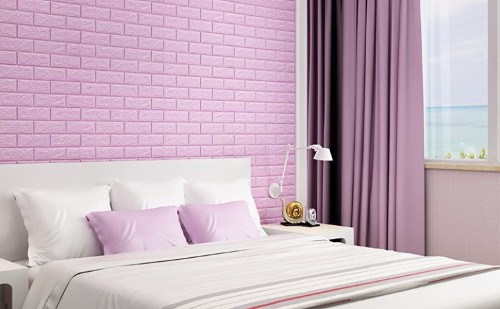 紫色のレンガの壁紙 寝室 ピンク 壁 ベッドシーツ 家具 ルーム 紫の インテリア デザイン ベッド ライラック Wallpaperkiss