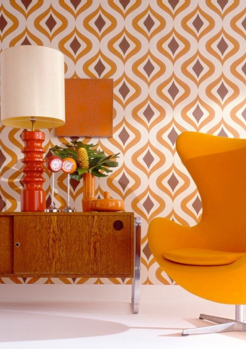 オレンジ色の壁紙デザイン オレンジ 黄 壁紙 壁 インテリア デザイン ルーム ランプシェード テーブル 照明アクセサリー 家具 Wallpaperkiss