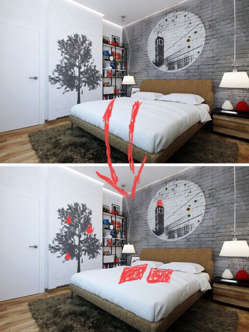壁紙とペイントの組み合わせのアイデア 寝室 ベッド 家具 ルーム インテリア デザイン ベッドのフレーム 壁 ベッドシーツ 床 Wallpaperkiss