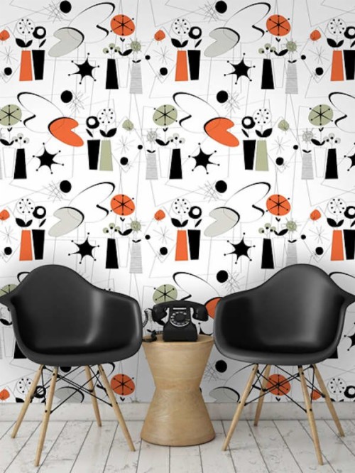 壁紙デザインのアイデア オレンジ 壁紙 インテリア デザイン 黒と白 家具 ルーム ウォールステッカー 設計 椅子 パターン Wallpaperkiss