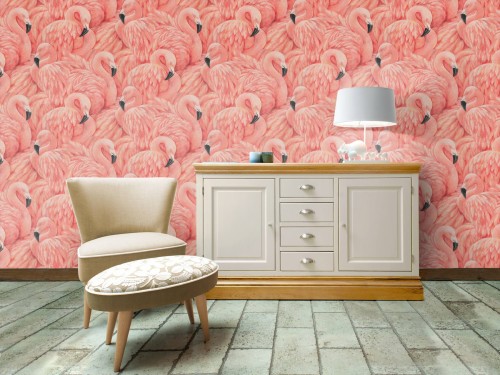 フラミンゴ壁紙イギリス パターン ピンク フラミンゴ 水鳥 鳥 図 設計 花柄 花 工場 Wallpaperkiss