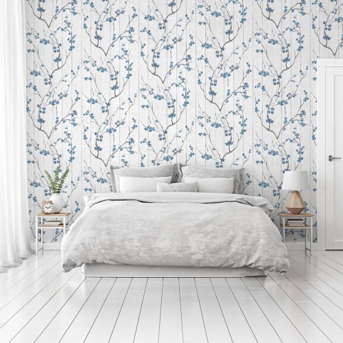 グレーと白の寝室の壁紙 壁紙 壁 ルーム 家具 寝室 インテリア デザイン ベッド 床 ベッドのフレーム ウォールステッカー Wallpaperkiss