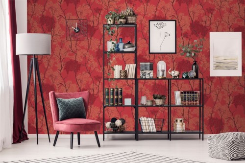 赤いリビングルームの壁紙 家具 リビングルーム 赤 ルーム インテリア デザイン 壁 壁紙 ソファー 棚 テーブル Wallpaperkiss
