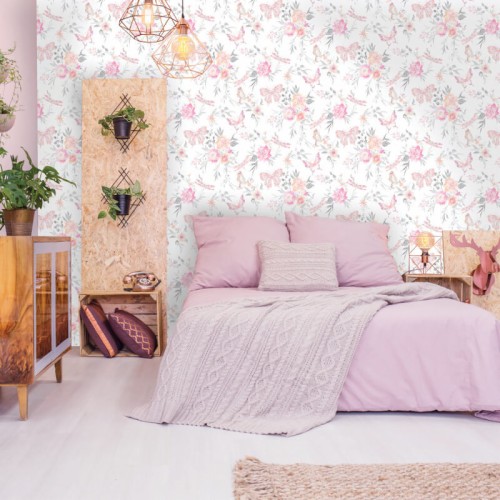 寝室の蝶の壁紙 ピンク 家具 ルーム 寝室 壁 ベッド 壁紙 インテリア デザイン 紫の ライラック Wallpaperkiss