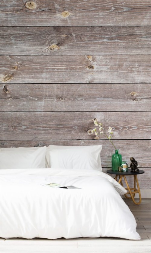 板効果壁紙 寝室 ベッド 壁 ルーム 家具 ベッドのフレーム 床 木材 広葉樹 インテリア デザイン Wallpaperkiss