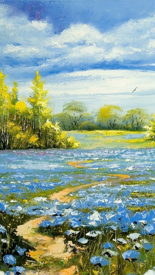 春の風景の壁紙 自然の風景 ペインティング 自然 水彩絵の具 黄 アクリル絵の具 牧草地 野草 バンク 111 Wallpaperkiss
