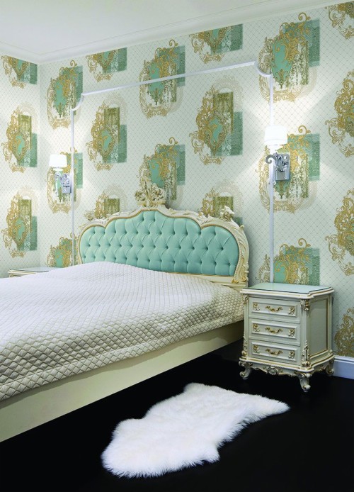 韓国壁紙メラカ 寝室 ルーム 家具 緑 ベッド ベッドシーツ 青い インテリア デザイン 壁 ベッドのフレーム Wallpaperkiss