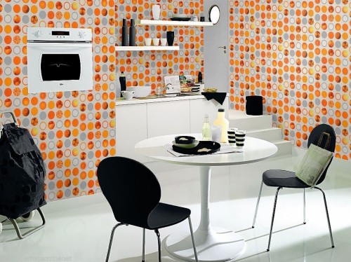 キッチンのためのファンキーな壁紙 家具 ルーム オレンジ インテリア デザイン 壁 テーブル 椅子 リビングルーム ダイニングルーム 設計 Wallpaperkiss
