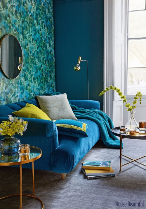 ブルーベルベットの壁紙 青い ルーム アクア 家具 ターコイズ リビングルーム 緑 インテリア デザイン 黄 壁 Wallpaperkiss